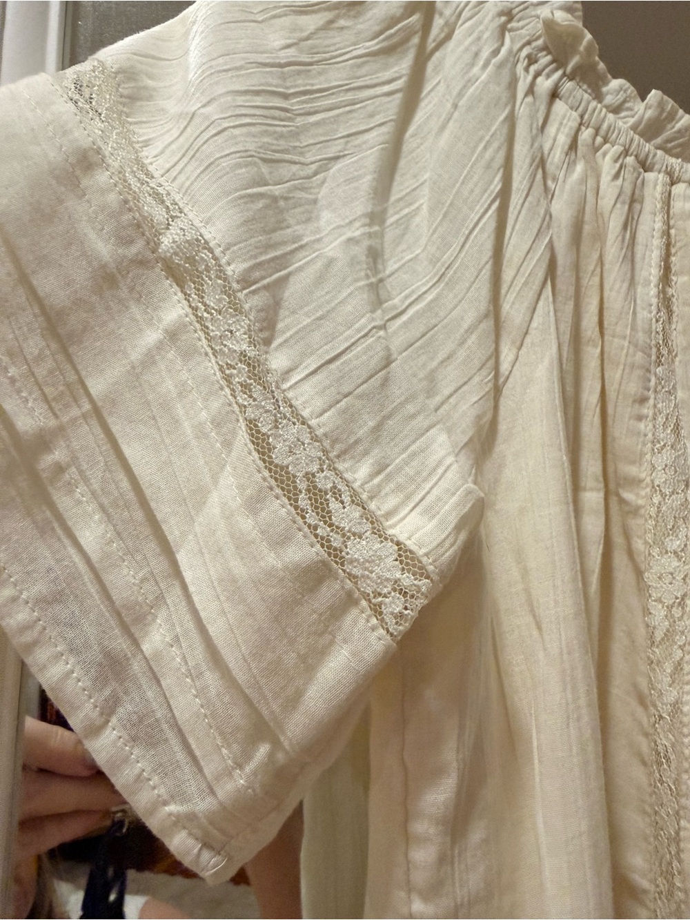 Light Cream Muslin Short-Sleeve Smocked-neck Cotton Lace Trim Dress Aerie Small - Picture 4 of 11